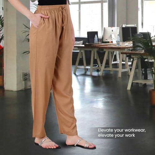 Happy Bunny Rayon Straight Pants for Women, Stylish Solid Regular Fit Kurti Bottom Wear with Elastic Waist, Adjustable Drawstring & Side Pocket, Casual, Office (XL, Mustard Yellow) - Image 3