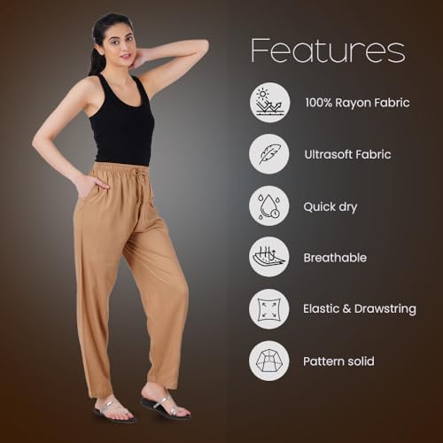 Happy Bunny Rayon Straight Pants for Women, Stylish Solid Regular Fit Kurti Bottom Wear with Elastic Waist, Adjustable Drawstring & Side Pocket, Casual, Office (XL, Mustard Yellow) - Image 2