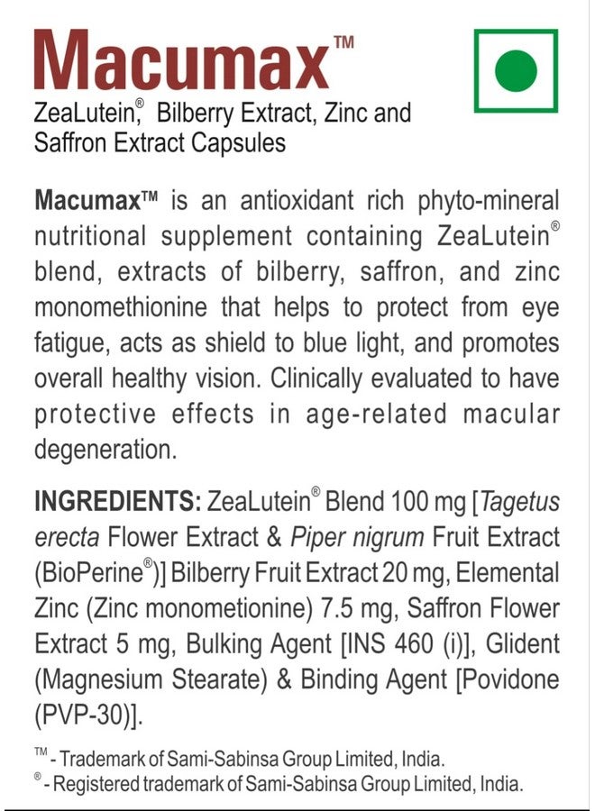 SAMI Direct Macumax Eye Health Supplement with ZeaLutein, Bilberry, Zinc and Saffron Extract, 30 Capsules - Image 5