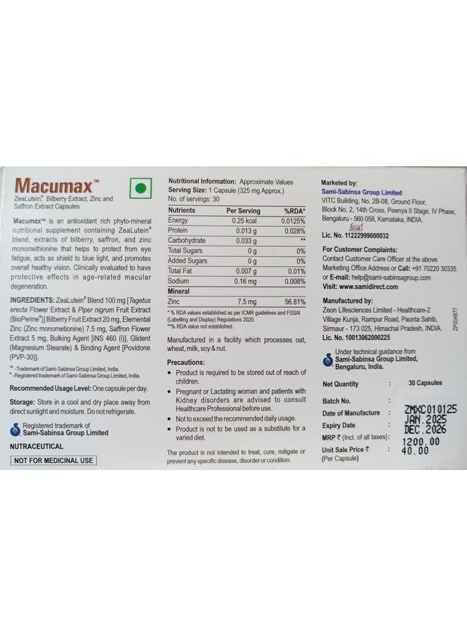 SAMI Direct Macumax Eye Health Supplement with ZeaLutein, Bilberry, Zinc and Saffron Extract, 30 Capsules - Image 4