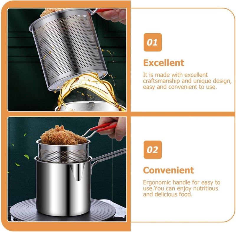 Kresal 1 Set Deep Fryer Pot with Basket 1200ml Handled Stainless Steel Chip Pan Small Deep Fat Fryer French Fries Pot Japanese Style Tempura Frying Pan Fryer Pasta for The Home - Image 4