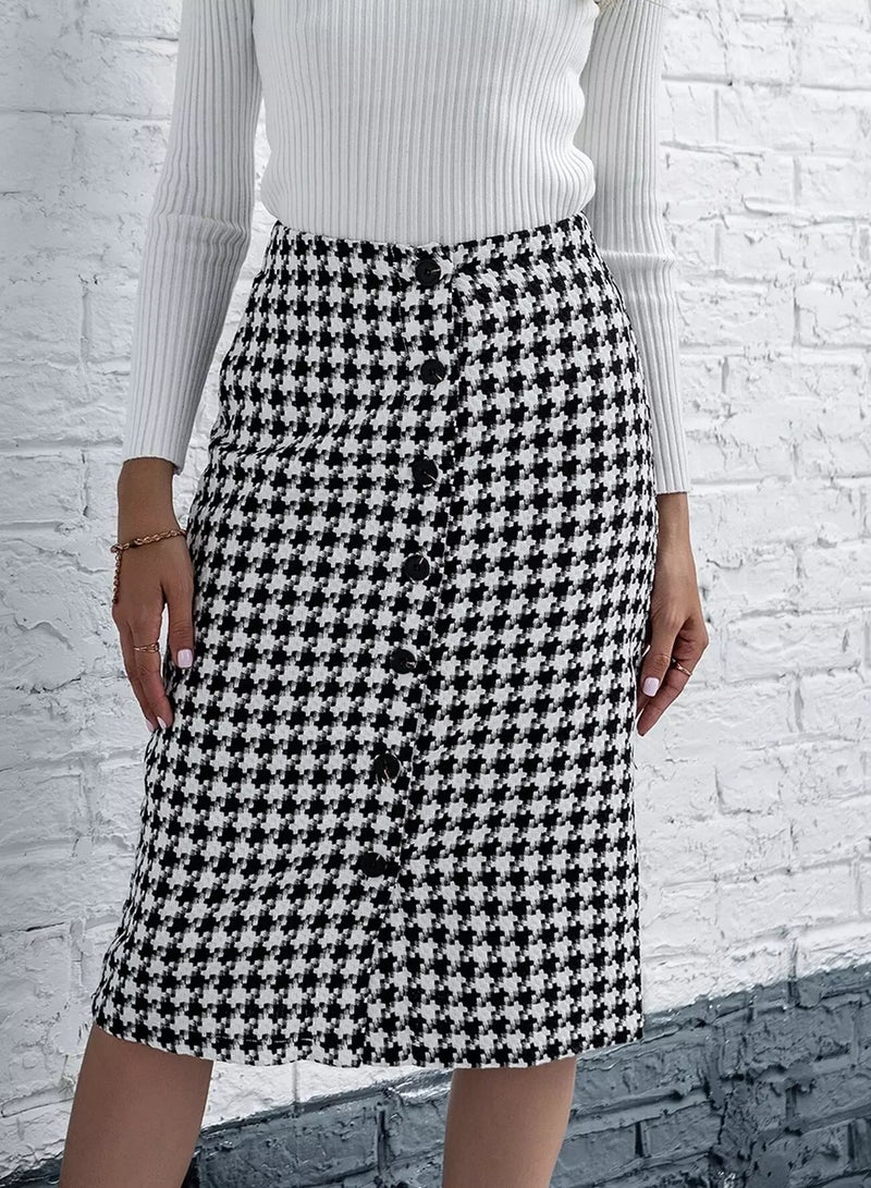 Button Front Houndstooth Tweed Skirt  - Image 1