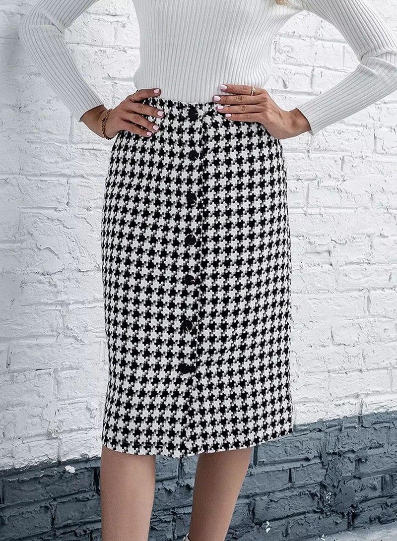 Button Front Houndstooth Tweed Skirt  - Image 3