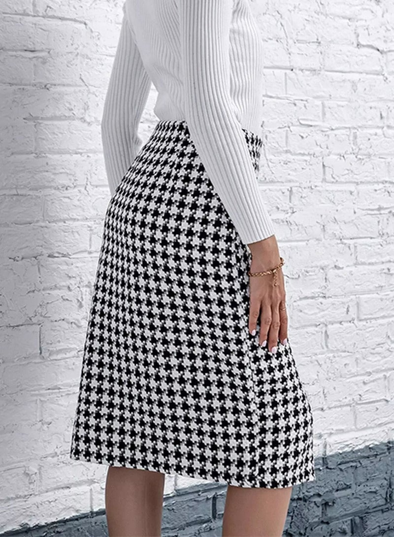 Button Front Houndstooth Tweed Skirt  - Image 2