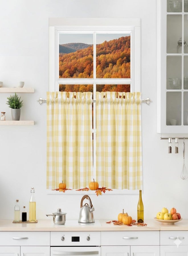 Bapawfish Buffalo Plaid Cafe Curtains 36 Inch Long, Autumn Yellow and White Buffalo Check Kitchen Tier Curtains, Gingham Rod Pocket Short Tier Curtain for Kitchen Bathroom Window,28"x36",Yellow/White, Set of 2 - Image 1