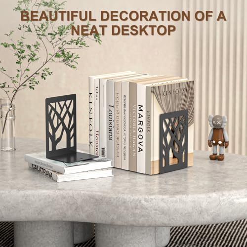 VFINE 4-Piece Modern Metal Bookends for Shelves, Black Tree Book Ends for Books, Decorative Book Organizer for Desk, Non-Skid Shelve Bookends for Home Office - Image 5