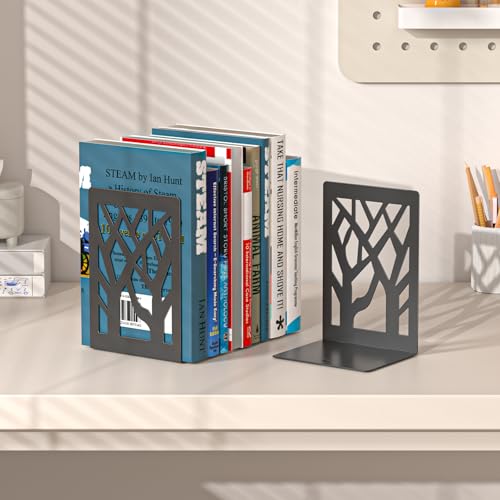VFINE 4-Piece Modern Metal Bookends for Shelves, Black Tree Book Ends for Books, Decorative Book Organizer for Desk, Non-Skid Shelve Bookends for Home Office - Image 3