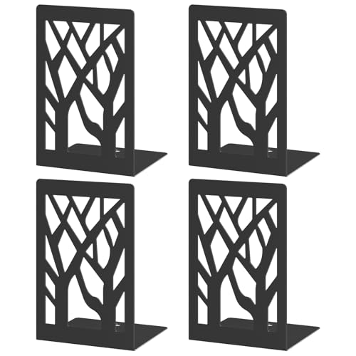 VFINE 4-Piece Modern Metal Bookends for Shelves, Black Tree Book Ends for Books, Decorative Book Organizer for Desk, Non-Skid Shelve Bookends for Home Office - Image 1