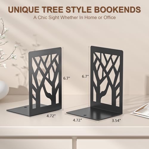 VFINE 4-Piece Modern Metal Bookends for Shelves, Black Tree Book Ends for Books, Decorative Book Organizer for Desk, Non-Skid Shelve Bookends for Home Office - Image 2