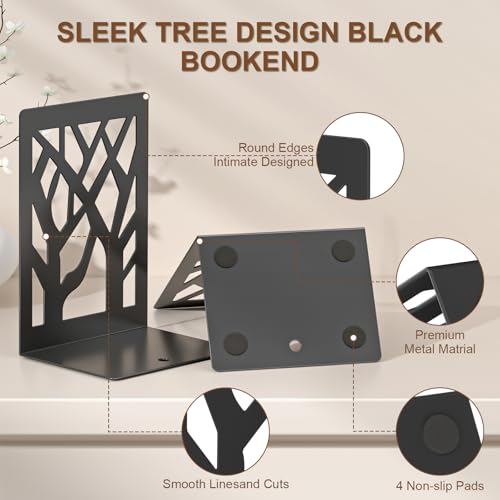 VFINE 4-Piece Modern Metal Bookends for Shelves, Black Tree Book Ends for Books, Decorative Book Organizer for Desk, Non-Skid Shelve Bookends for Home Office - Image 4