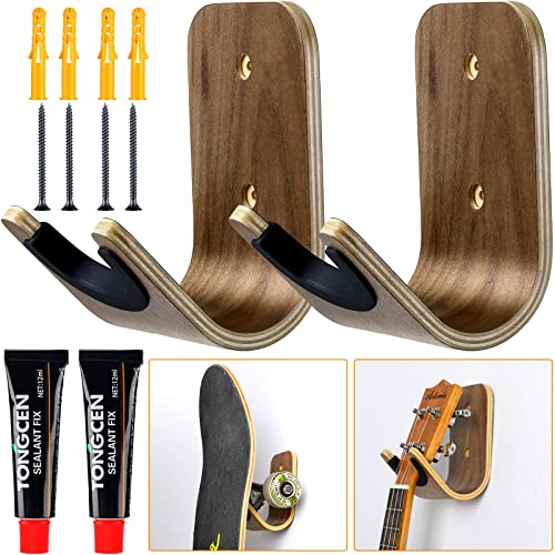 Yookeer Guitar Wall Mount Holder Guitar Hanger with Pick Slot Skateboard Rack Modern Design Guitar Hook Ukulele Stand Wooden Violin Display Stand with Tool for Storage Bass Acoustic Mandolin Banjo (2 Sets) - Image 1