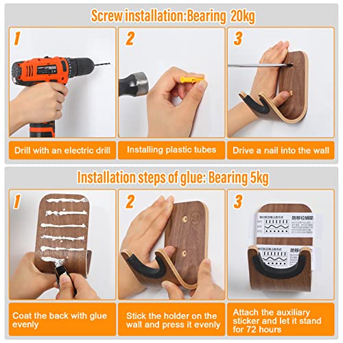 Yookeer Guitar Wall Mount Holder Guitar Hanger with Pick Slot Skateboard Rack Modern Design Guitar Hook Ukulele Stand Wooden Violin Display Stand with Tool for Storage Bass Acoustic Mandolin Banjo (2 Sets) - Image 3