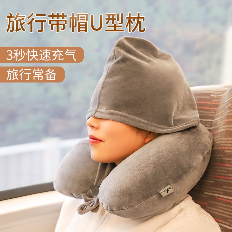 Travel Inflatable Hat U-Shaped Pillow Student Nap Pillow Nap Pillow Neck Sleeping Pillow Car Airplane Pillow Set Logo - Image 2