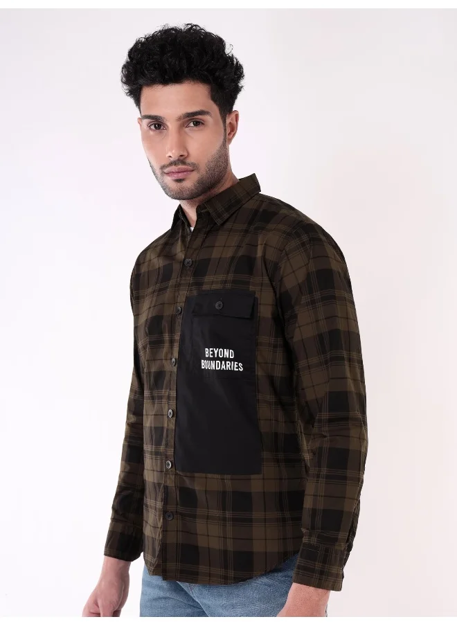 بيونغ Single Pocket Brown Checked Shirts for Men