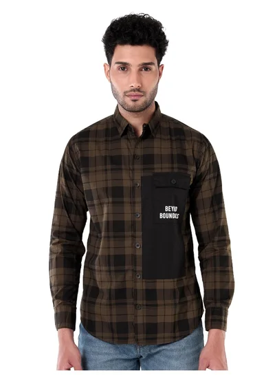 بيونغ Single Pocket Brown Checked Shirts for Men