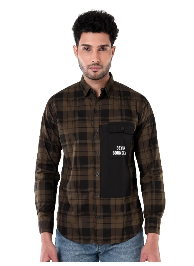 Beyoung Single Pocket Brown Checked Shirts for Men