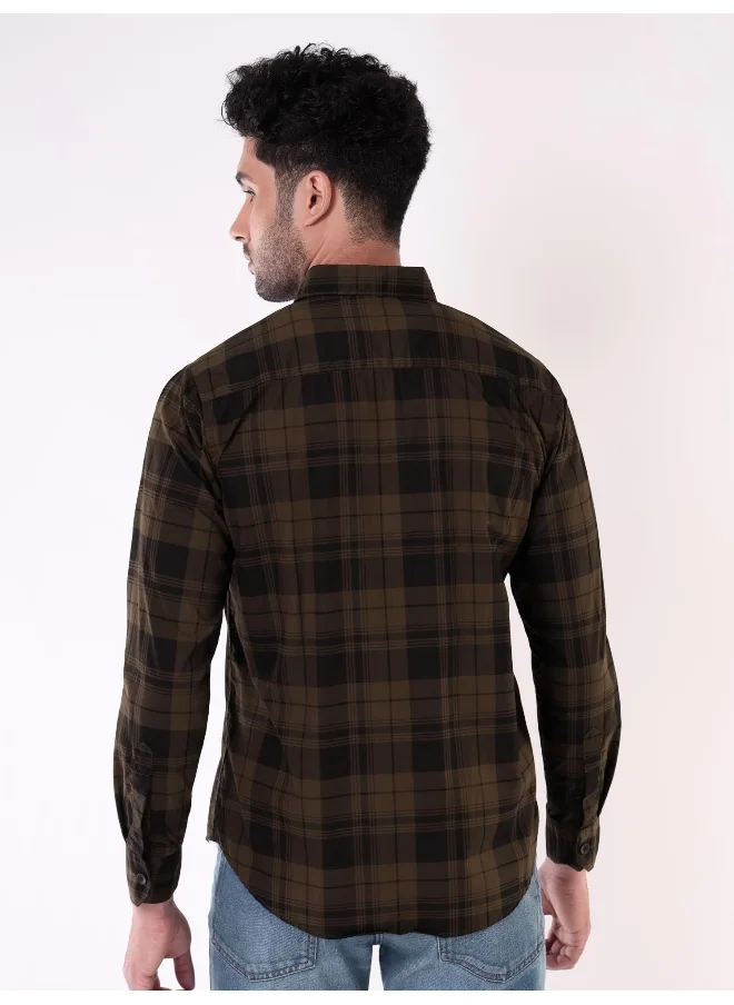 بيونغ Single Pocket Brown Checked Shirts for Men