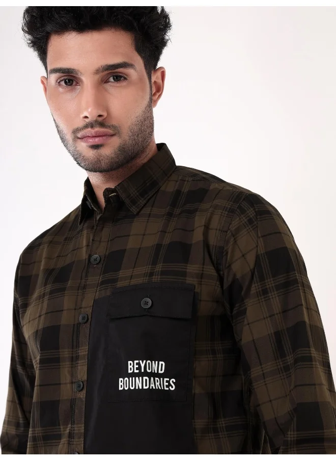 بيونغ Single Pocket Brown Checked Shirts for Men