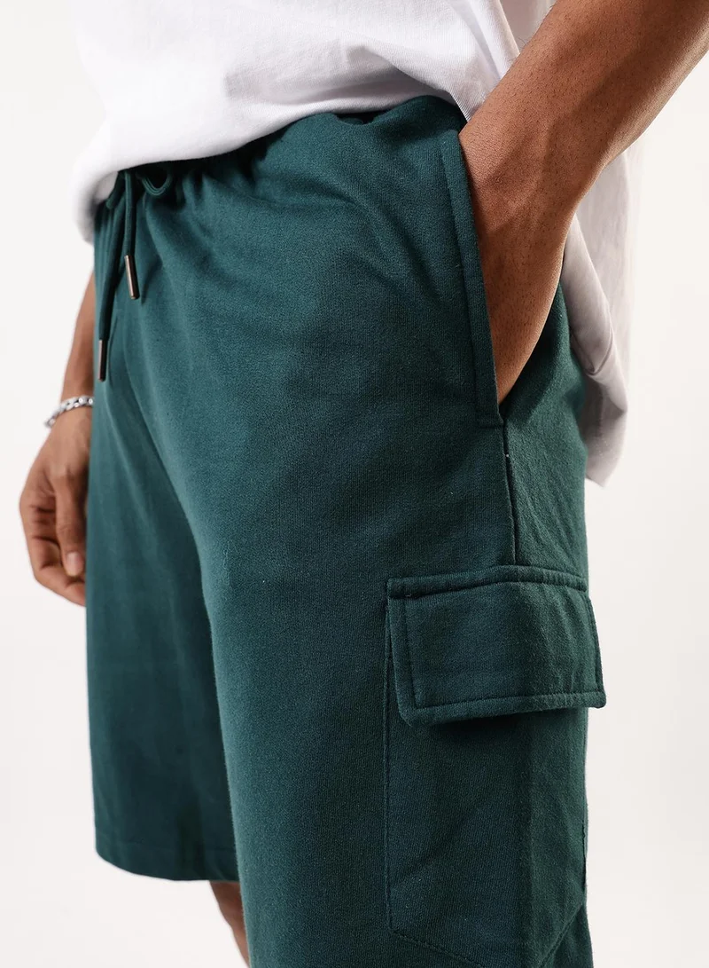 Dennis Lingo Men's Bottle Green Terry Solid Knee Length Lounge Relaxed Shorts