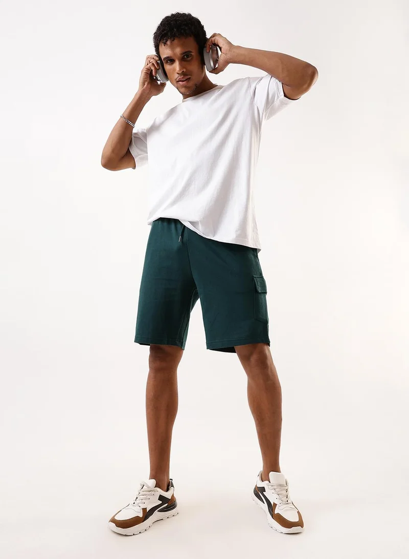 Dennis Lingo Men's Bottle Green Terry Solid Knee Length Lounge Relaxed Shorts