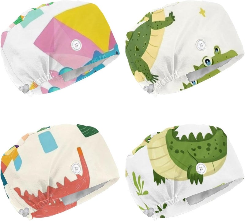Adjustable 4 Packs Cartoon Crocodiles (10) Scrub Cap, Working Hat Hair Cover with Ponytail Pouch - Image 1