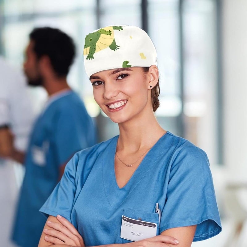 Adjustable 4 Packs Cartoon Crocodiles (10) Scrub Cap, Working Hat Hair Cover with Ponytail Pouch - Image 5