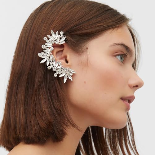 STONEFANS Rhinestone Silver Full Ear Cuff Earrings for Women Ear Clip Wrap Statement Climber Ear Crawler Earring Hypoallergenic (Silver) - Image 3