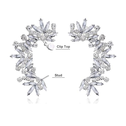 STONEFANS Rhinestone Silver Full Ear Cuff Earrings for Women Ear Clip Wrap Statement Climber Ear Crawler Earring Hypoallergenic (Silver) - Image 2