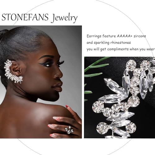 STONEFANS Rhinestone Silver Full Ear Cuff Earrings for Women Ear Clip Wrap Statement Climber Ear Crawler Earring Hypoallergenic (Silver) - Image 5