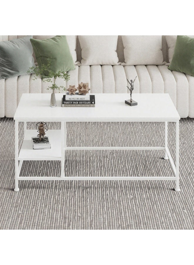 Apexll Modern White 3-Tier Coffee Table for Living Room – Minimalist Tea Table with Open Storage Shelves, Space-Saving Design, Sturdy Metal Frame & White Wood Top, Easy Assembly - Image 2