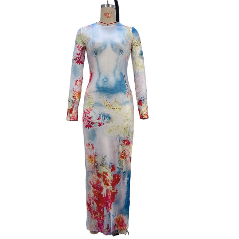 Women's Fashion Printed Slim Fit Long Sleeve Round Neck Dress