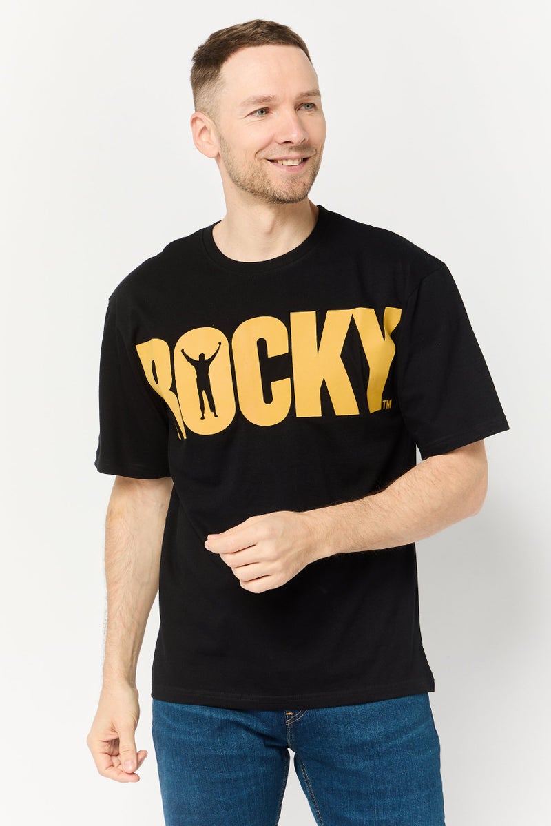 Rocky تي شيرت للرجال بأكمام قصيرة وياقة دائرية بشعار العلامة التجارية، أسود - Image 1