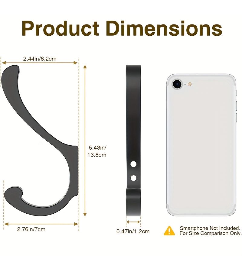 5.4 Inch Black Heavy Duty Wall Hooks 4 Pack for Coats Towels Bags - Image 3