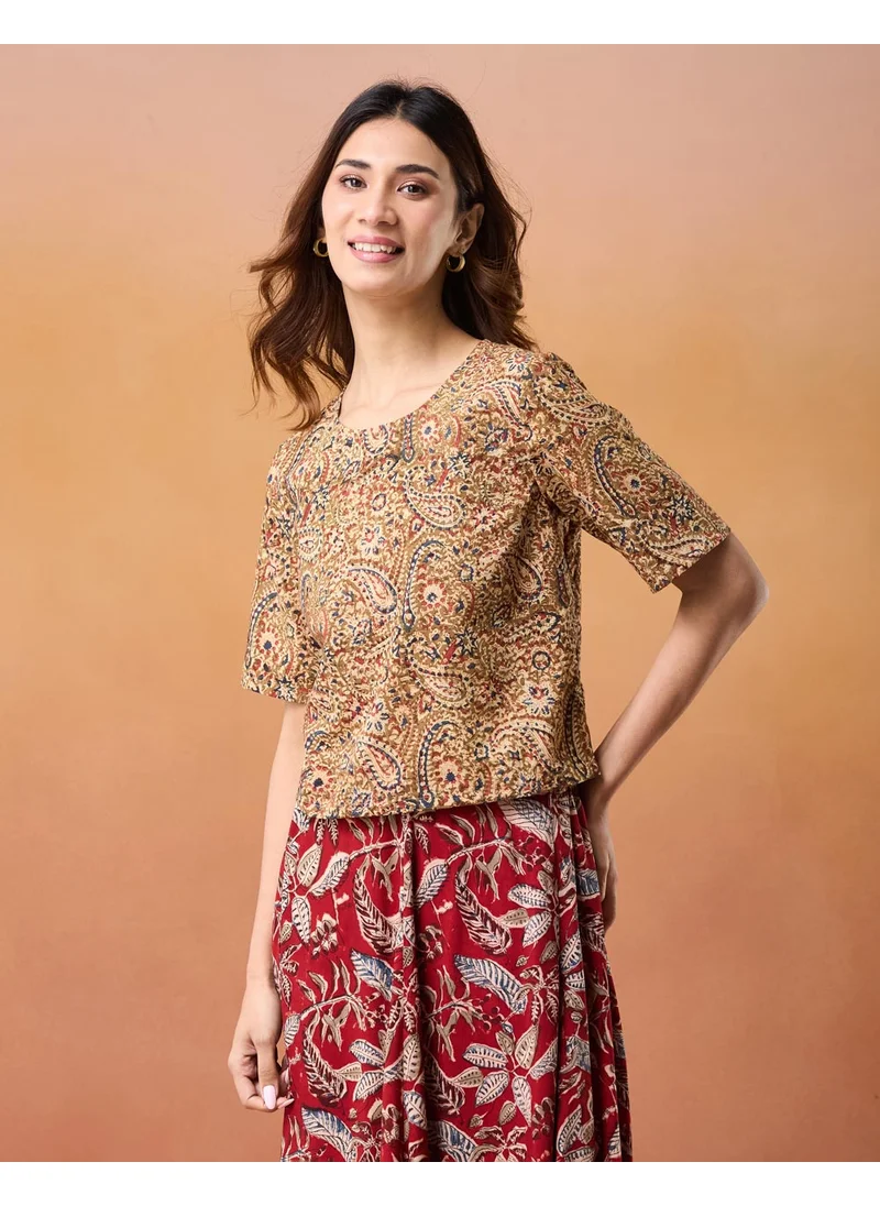 فاب انديا Green Cotton Kalamkari Printed Short Top