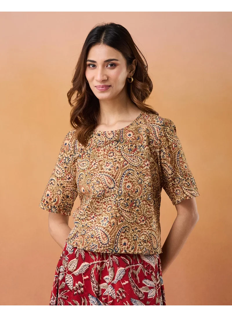 فاب انديا Green Cotton Kalamkari Printed Short Top