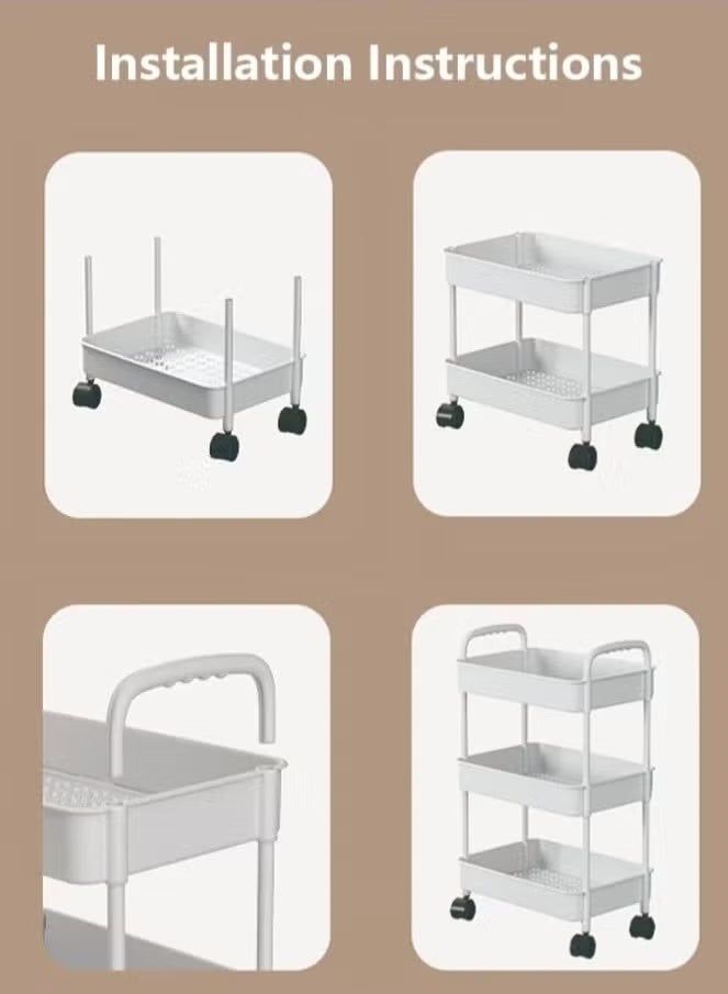 هالامين عربة دوارة بلاستيكية مكونة من 3 طبقات عربة تنظيم تخزين البليت عربة حرفية للمطبخ والحمام وغرفة المعيشة (أبيض) - Image 3