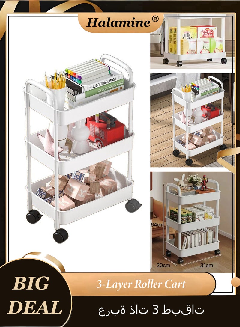 هالامين عربة دوارة بلاستيكية مكونة من 3 طبقات عربة تنظيم تخزين البليت عربة حرفية للمطبخ والحمام وغرفة المعيشة (أبيض) - Image 1