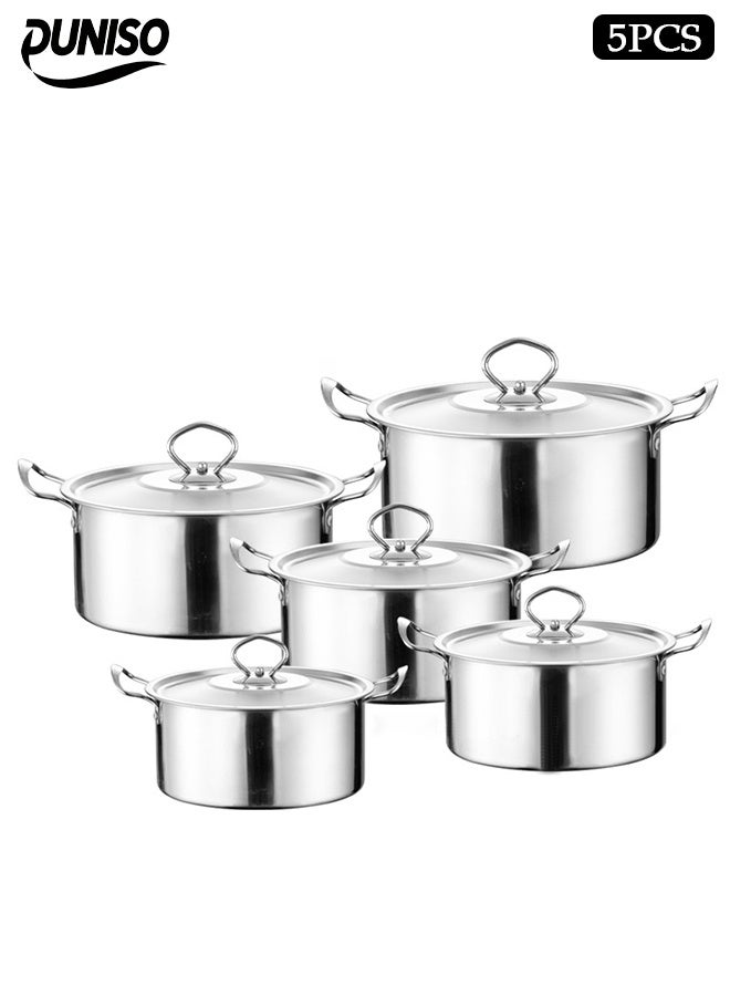 DUNISO طقم أواني طهي من الفولاذ المقاوم للصدأ مكون من 5 قطع، عالية الجودة غير مطلية، وعاء بزاوية قائمة، مناسب للمرق، الحساء، الطهي، مع غطاء، مناسب لأي موقد، آمن في غسالة الصحون - Image 1