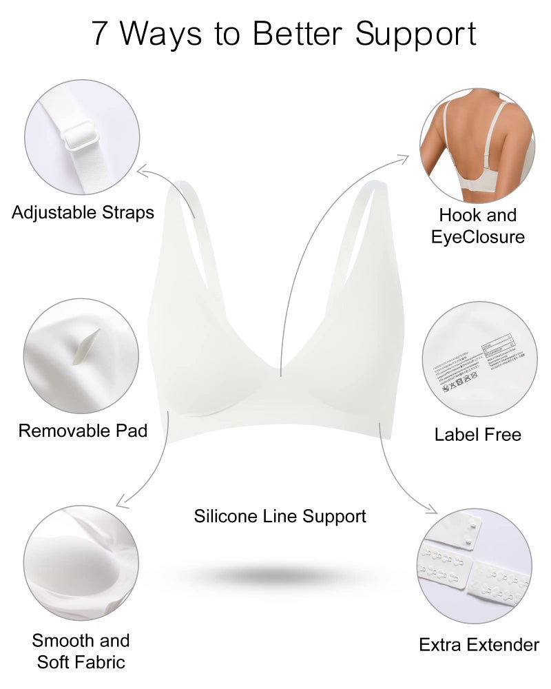 SHARICCA Pro Seamless Wirefree Bra, Deep V Neck, High Impact Support, Removable Padded Bralette, White, Small - Image 5