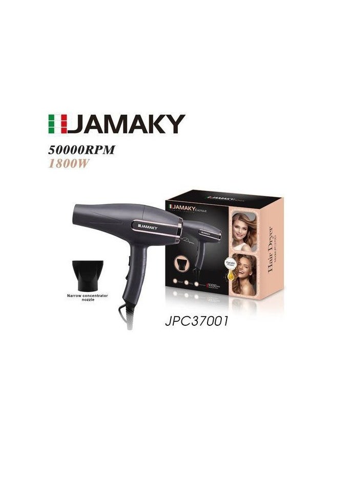JAMAKY Italy Hair Dryer by Jamaki 1800 Watts Powerful and stylish condenser hair dryer - Featuring a powerful conditioning technology of 1800 watts, it provides an extraordinary airflow with a high-gloss finish, thus reducing electricity costs, increasing efficiency and making the device more comfortable. Carefully removes water while protecting hair from heat, giving a tight and focused styling that stays in place day and night. Modern streamlined design and detachable cap - Gorgeous hair gives you the confidence to walk longer every day. With this hair dryer, you get shiny and frizz-free hair Model JPC37001) (Italian) 