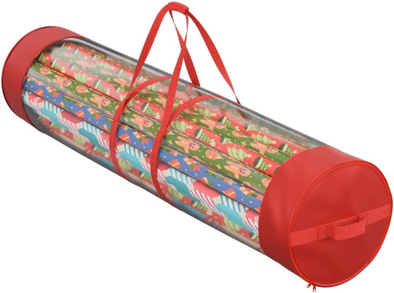 ProPik Gift Wrap Organizer, Wrapping Paper Storage Bag, Fits Holiday Papers 40 Inch Long, Holds Up To 24 Rolls, Heavy Duty Clear PVC Bag with Handles (Red & Clear) - Image 1