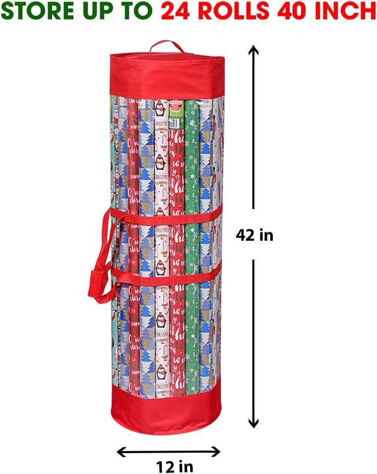 ProPik Gift Wrap Organizer, Wrapping Paper Storage Bag, Fits Holiday Papers 40 Inch Long, Holds Up To 24 Rolls, Heavy Duty Clear PVC Bag with Handles (Red & Clear) - Image 4