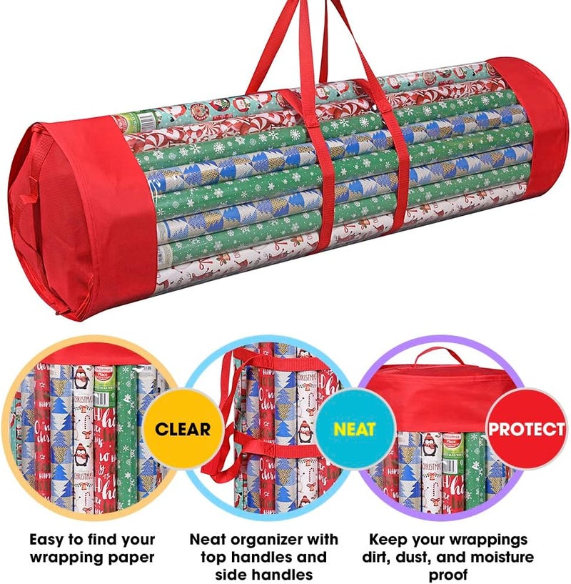 ProPik Gift Wrap Organizer, Wrapping Paper Storage Bag, Fits Holiday Papers 40 Inch Long, Holds Up To 24 Rolls, Heavy Duty Clear PVC Bag with Handles (Red & Clear) - Image 3