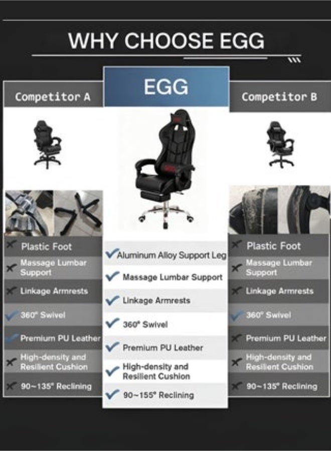 Egg Iron Foot Esports Gaming Chair, Adjustable Computer Chair, Computer Office, Pu Leather, High Backrest, Lumbar Support, Comfortable Armrests, Headrest With Footrest, 360° Rotation,Black - Image 2