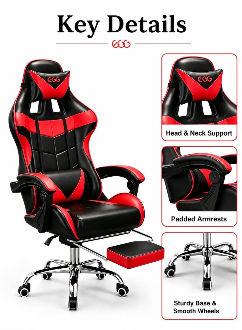 Egg Iron Foot Esports Gaming Chair, Adjustable Computer Chair, Computer Office, Pu Leather, High Backrest, Lumbar Support, Comfortable Armrests, Headrest With Footrest, 360° Rotation,Red - Image 4