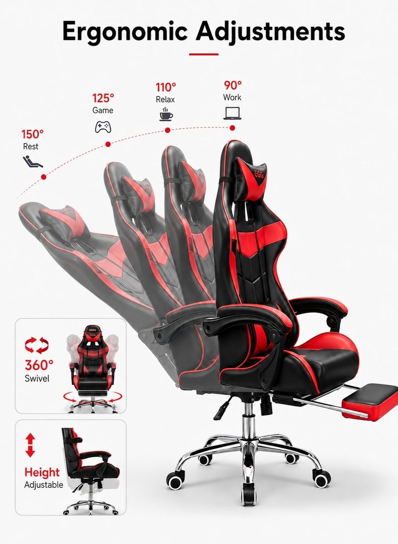 Egg Iron Foot Esports Gaming Chair, Adjustable Computer Chair, Computer Office, Pu Leather, High Backrest, Lumbar Support, Comfortable Armrests, Headrest With Footrest, 360° Rotation,Red - Image 5