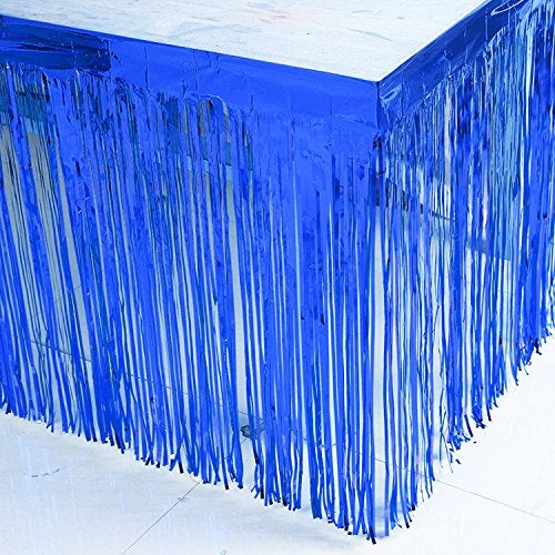 Blukey 2 Pack Metallic Foil Fringe Table Skirt 29x108 Inches Tinsel Disposable Skirting for Parade Floats Trailer Mardi Gras Party Birthday Wedding Blue