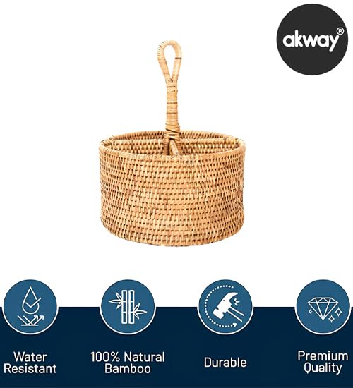 AKWAY Bamboo Rattan Spoon Stand | Round Cutlery Holder | Kitchen Rack for Café & Resto-bar | Tableware Storage (6.5W x 6.5L x 5H Inches, Beige) - Image 3