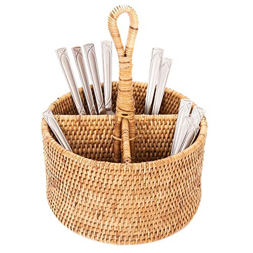 AKWAY Bamboo Rattan Spoon Stand | Round Cutlery Holder | Kitchen Rack for Café & Resto-bar | Tableware Storage (6.5W x 6.5L x 5H Inches, Beige) - Image 1