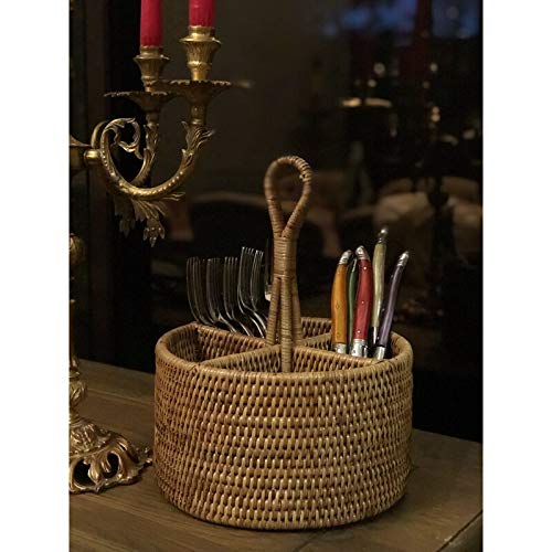 AKWAY Bamboo Rattan Spoon Stand | Round Cutlery Holder | Kitchen Rack for Café & Resto-bar | Tableware Storage (6.5W x 6.5L x 5H Inches, Beige) - Image 2